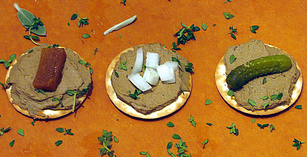 EASY chicken liver and apple pate topped with quince paste, onion, and cornichon -- www.mizgee.com