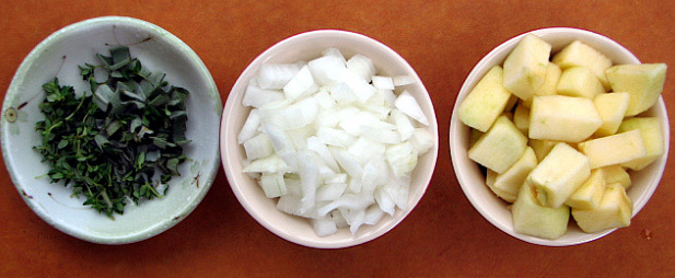 Herbs, onion, and apple for EASY chicken liver & apple pate -- www.mizgee.com