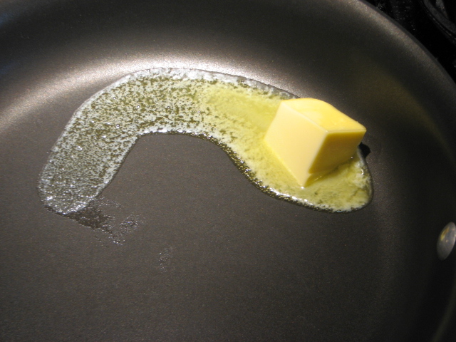 Melting butter for EASY chicken liver & apple pate -- www.mizgee.com